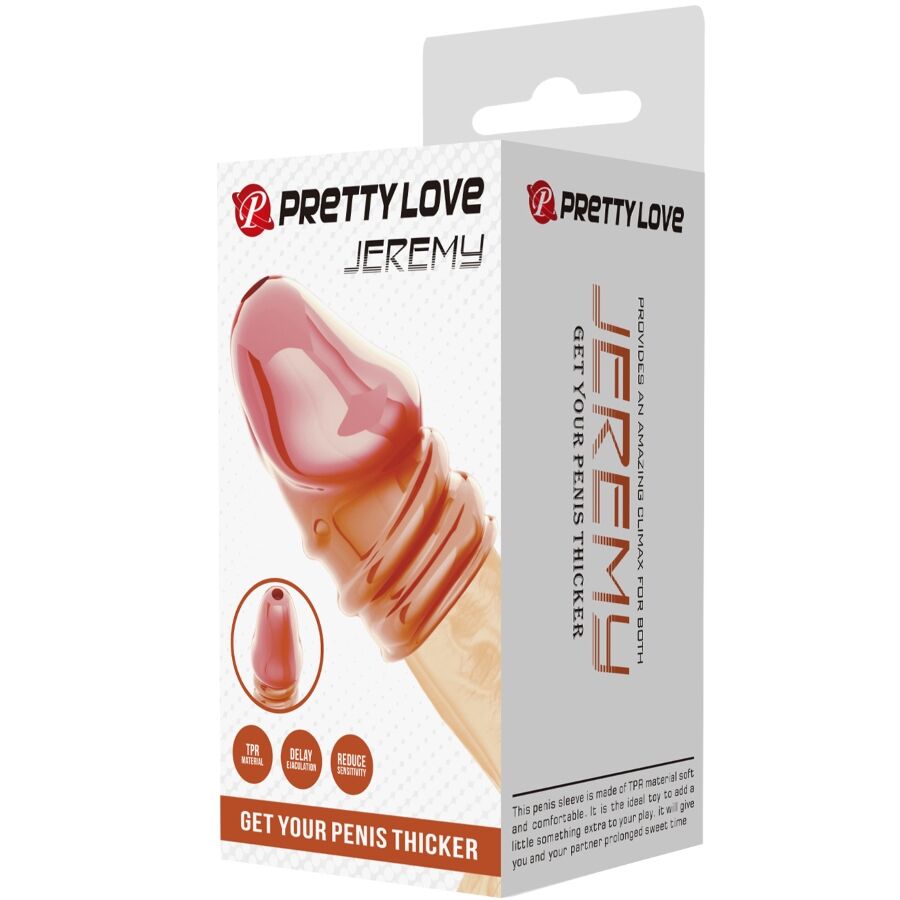 PRETTY LOVE Jeremy Manga Extensora Peniana Rosa para Engrossar, mostrando material suave e design ergonómico.
