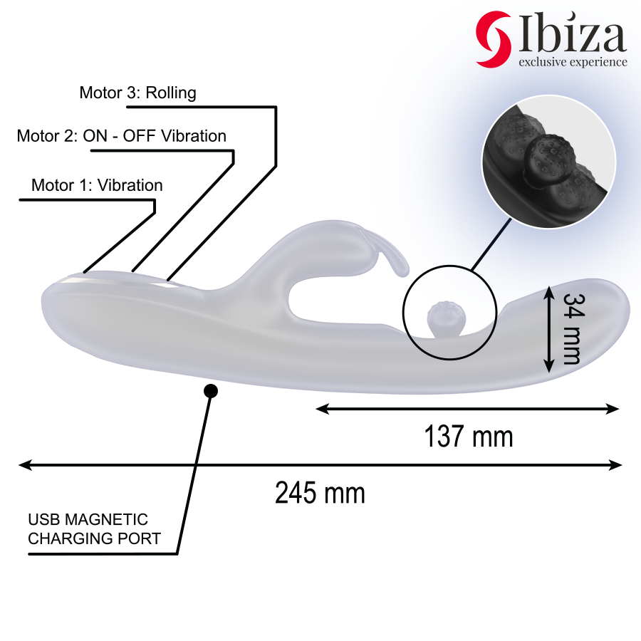 IBIZA Vibrador Rabbit com Pérola Rolante Massageadora para estimulação dupla e prazer intenso.