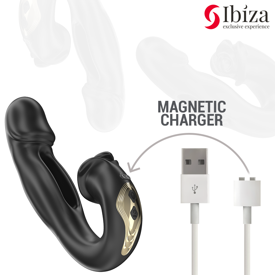 Vibrador Rosa IBIZA com efeito oscilante e estimulador clitoriano, detalhes do design e funcionalidades.