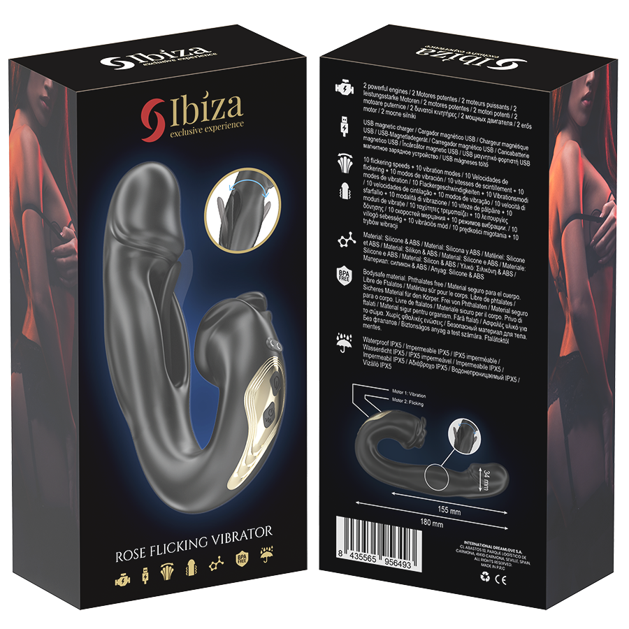 Vibrador Rosa IBIZA com efeito oscilante e estimulador clitoriano, detalhes do design e funcionalidades.