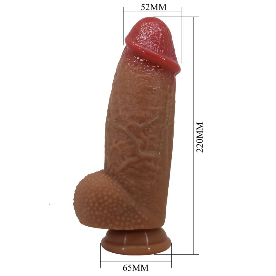 Close-up of the PRETTY LOVE Dildo Achille Ultra Realista 22 CM, showing its realistic skin texture and shape and suction cup base.