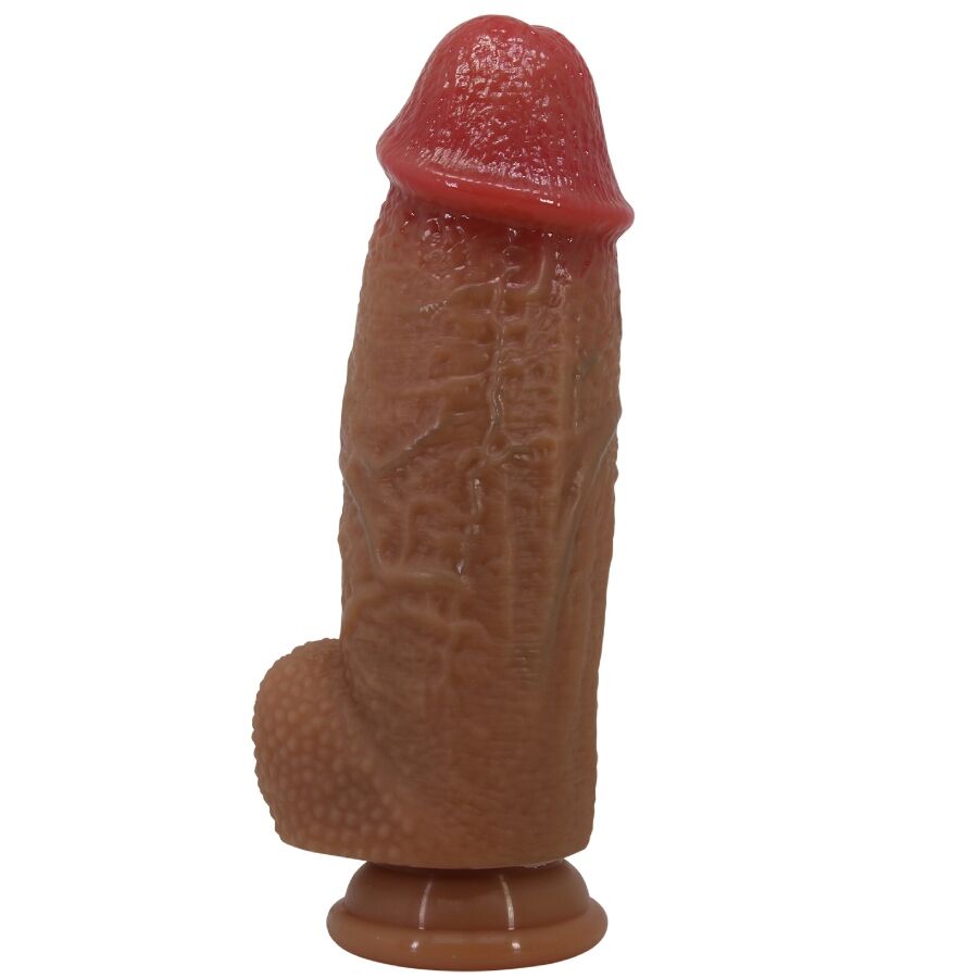 Close-up of the PRETTY LOVE Dildo Achille Ultra Realista 22 CM, showing its realistic skin texture and shape and suction cup base.