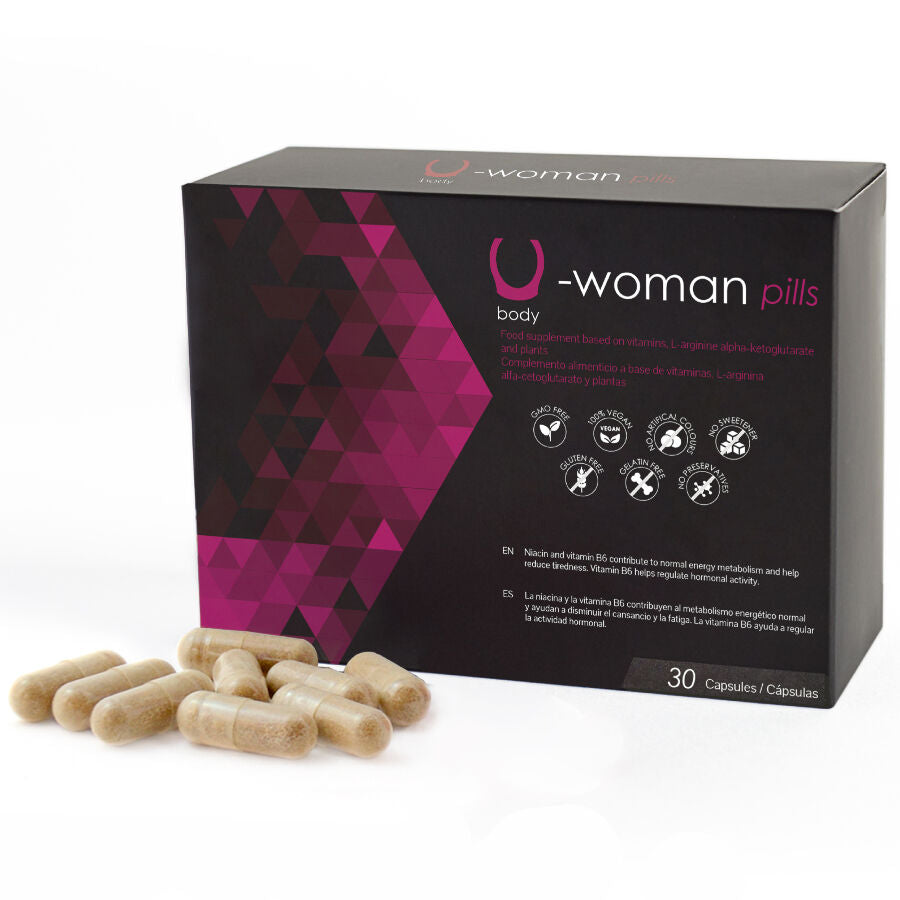 Embalagem de 500 COSMETICS U-Woman, suplemento para aumentar a libido feminina, com 30 cápsulas.