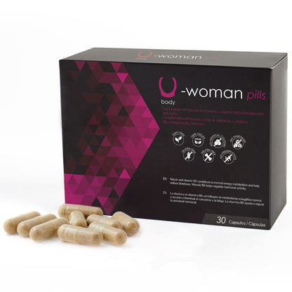 Embalagem de 500 COSMETICS U-Woman, suplemento para aumentar a libido feminina, com 30 cápsulas.