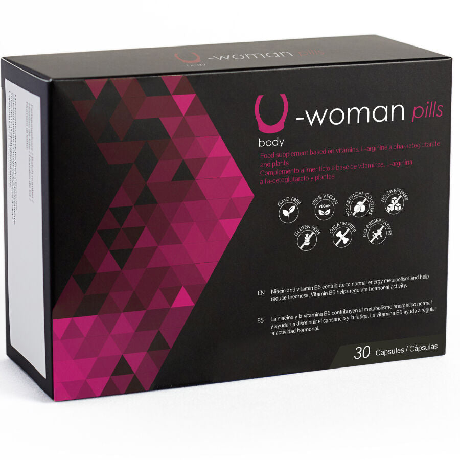 Embalagem de 500 COSMETICS U-Woman, suplemento para aumentar a libido feminina, com 30 cápsulas.