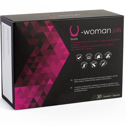 Embalagem de 500 COSMETICS U-Woman, suplemento para aumentar a libido feminina, com 30 cápsulas.