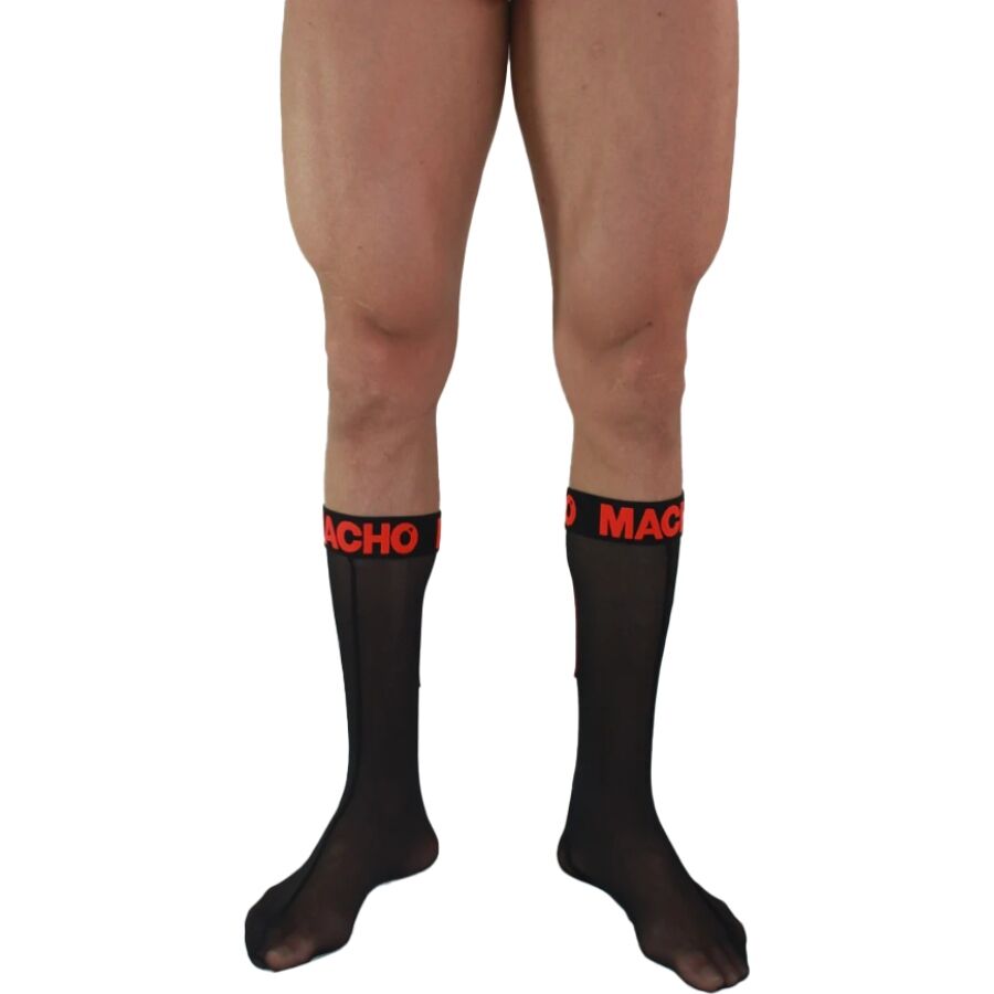 MACHO Meias Finas Fetish Semi-Transparentes Preto/Vermelho, destacando o tecido elástico e o design provocante.