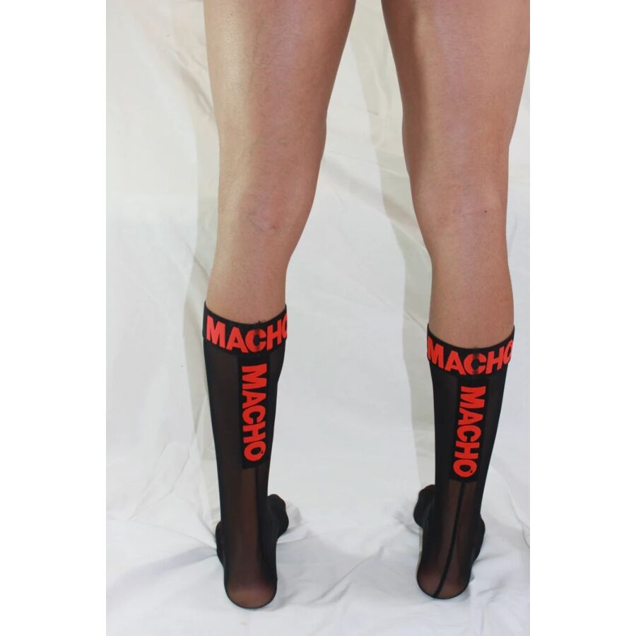 MACHO Meias Finas Fetish Semi-Transparentes Preto/Vermelho, destacando o tecido elástico e o design provocante.
