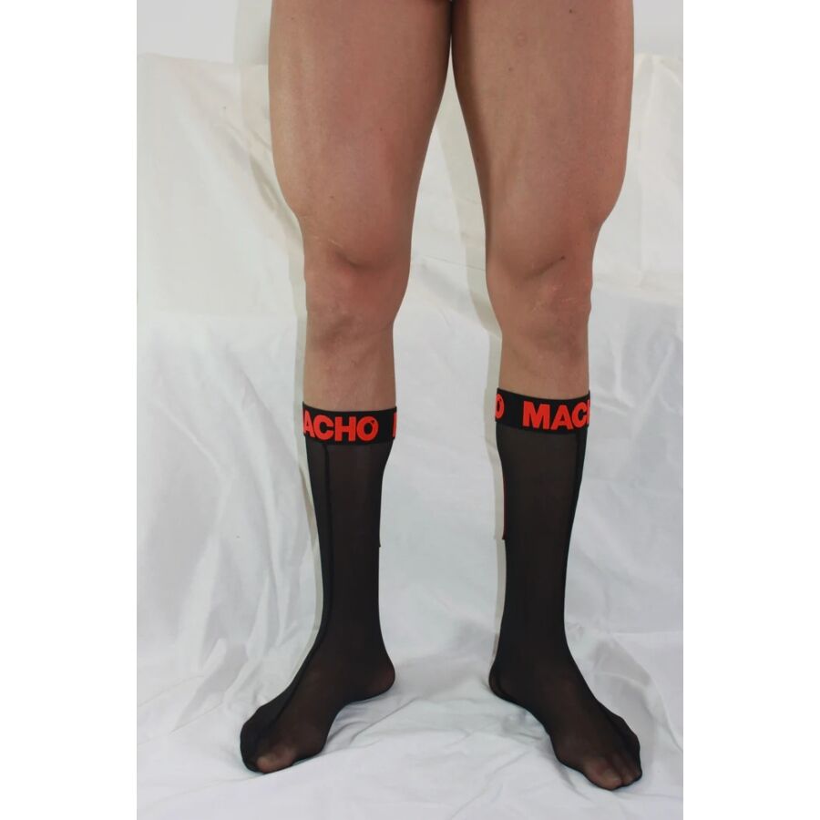 MACHO Meias Finas Fetish Semi-Transparentes Preto/Vermelho, destacando o tecido elástico e o design provocante.