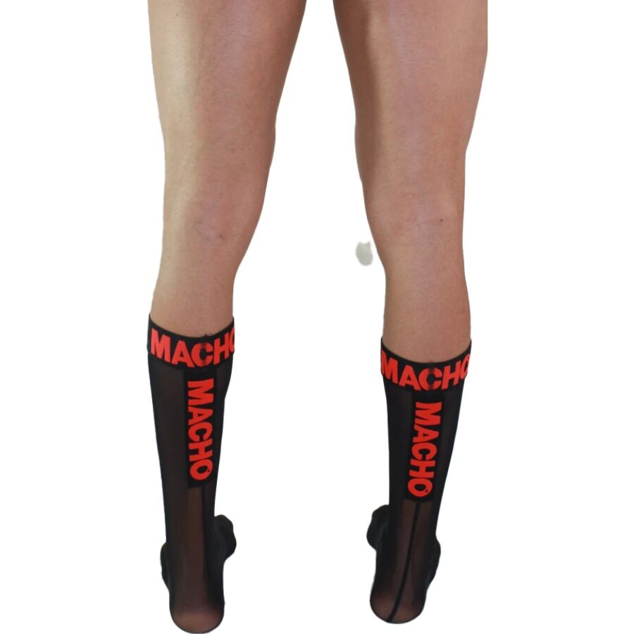 MACHO Meias Finas Fetish Semi-Transparentes Preto/Vermelho, destacando o tecido elástico e o design provocante.