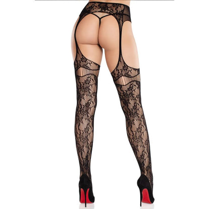 LEG AVENUE - MEDIAS DE ENCAJE CON LIGAS NEGRAS