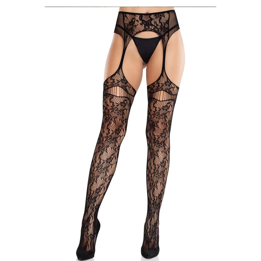 LEG AVENUE - MEDIAS DE ENCAJE CON LIGAS NEGRAS