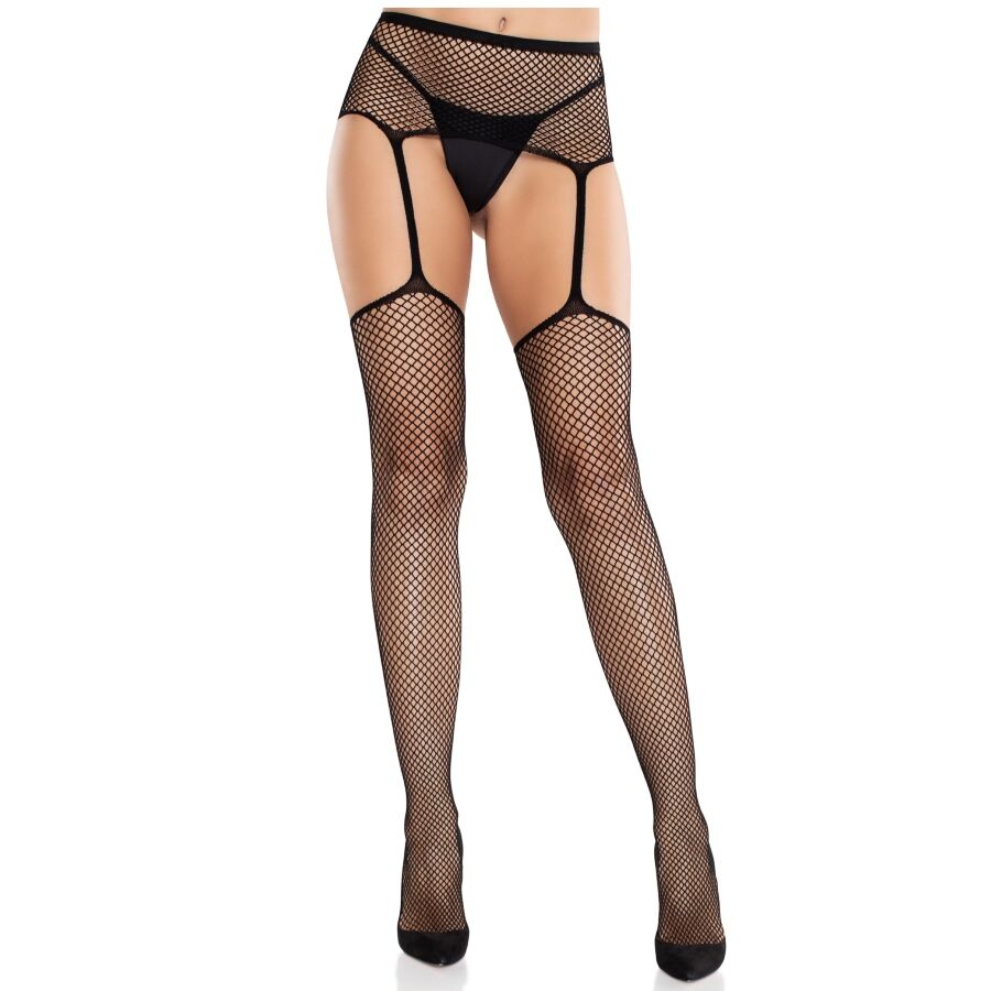 LEG AVENUE - MEDIAS DE ENCAJE CON CRUZ Y LIGUERO NEGRO