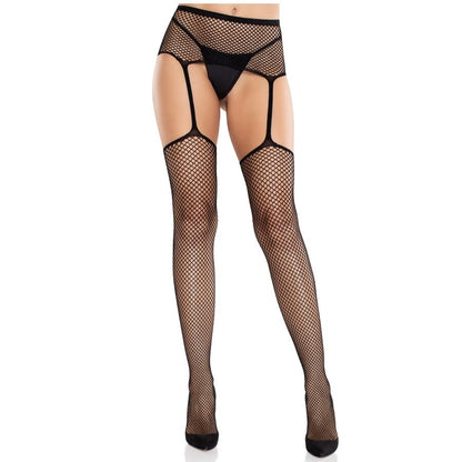 LEG AVENUE - MEDIAS DE ENCAJE CON CRUZ Y LIGUERO NEGRO