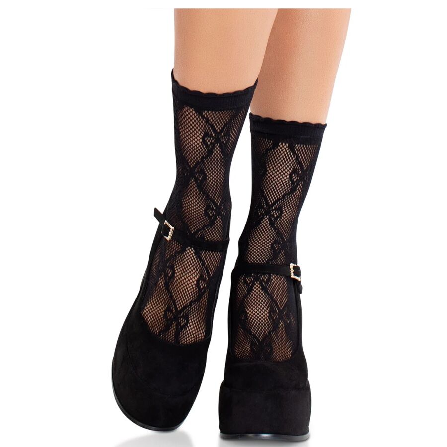 LEG AVENUE - MEDIAS DE ENCAJE NEGRAS CON LAZO