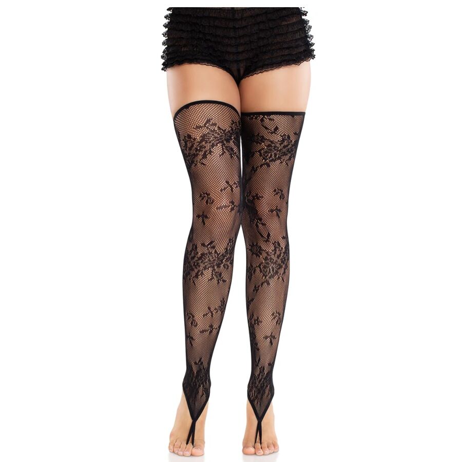 LEG AVENUE - CALCETINES SIN PIES CON ENCAJE FLORAL NEGRO