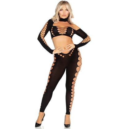 Close-up do Conjunto Top Crop e Leggings Sem Costura Preto Leg Avenue, mostrando o design com recortes e o tecido ultraelástico.