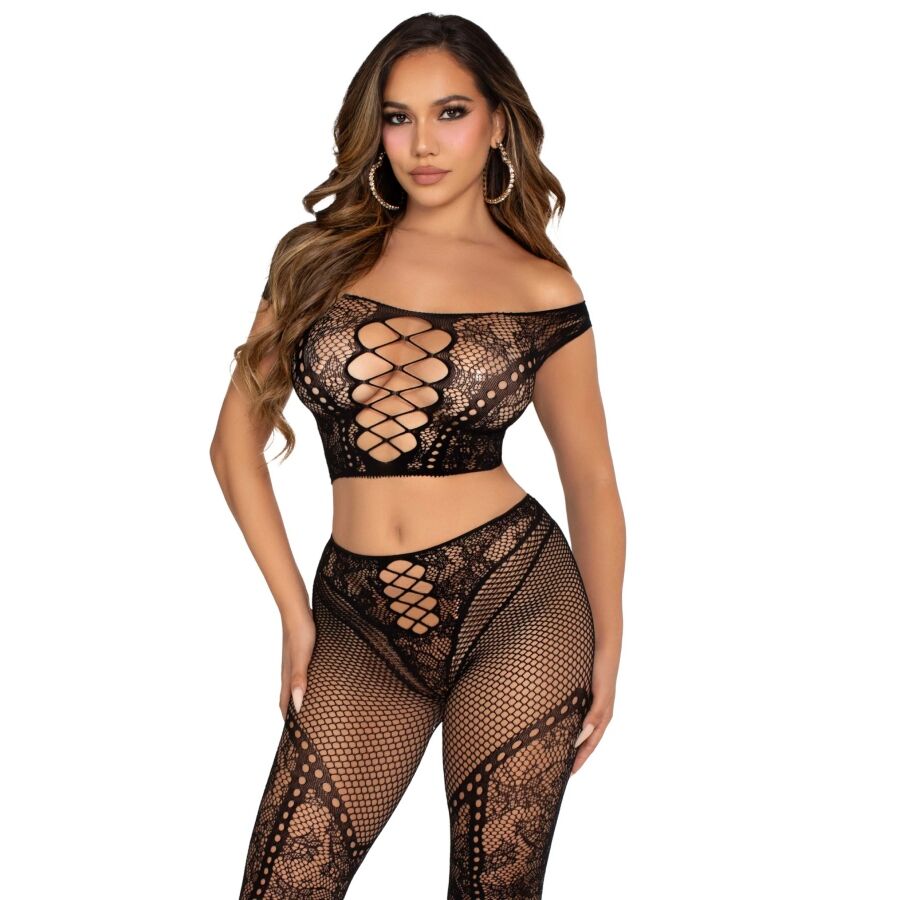 LEG AVENUE Top Crop e Legging de Rede com Ombros à Frente Preto, um conjunto de lingerie sensual.