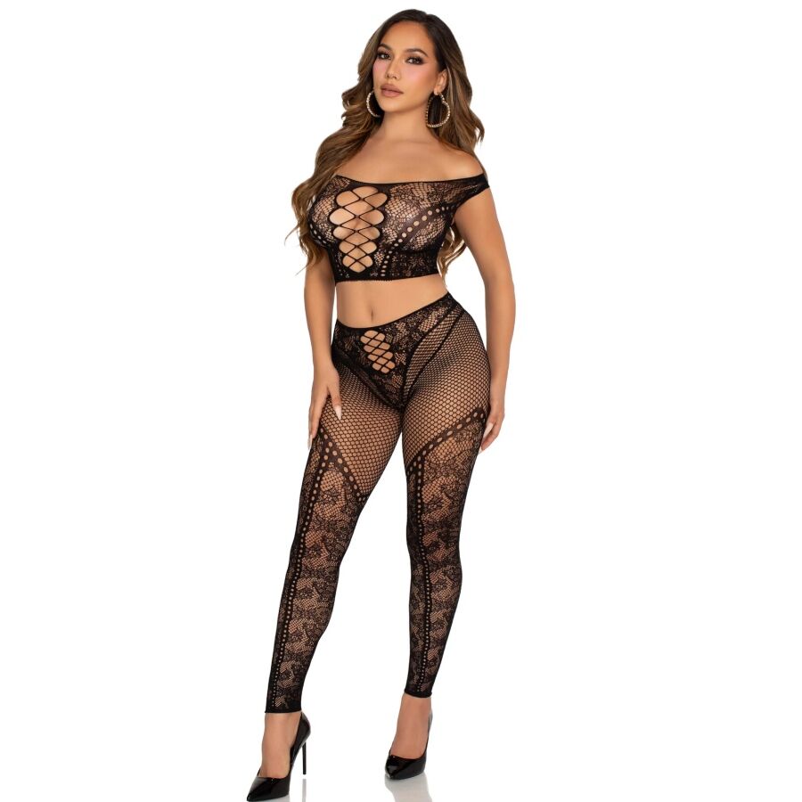 LEG AVENUE Top Crop e Legging de Rede com Ombros à Frente Preto, um conjunto de lingerie sensual.