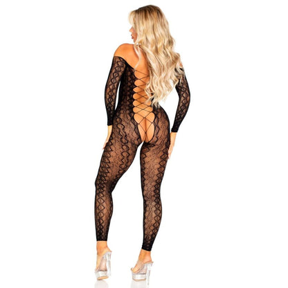 Bodystocking Leg Avenue Sem Fundo em Renda de Cobra Exótica Preta