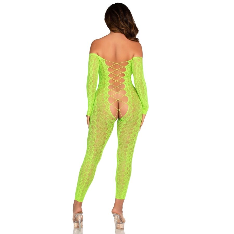 Close-up of the LEG AVENUE Bodystocking Sem Base Exótico Renda Cobra Verde Neon, showcasing its intricate lace pattern and vibrant color.