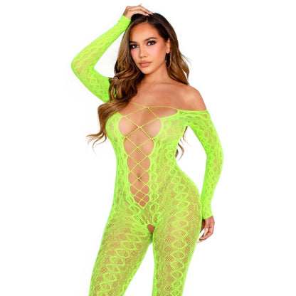 Close-up of the LEG AVENUE Bodystocking Sem Base Exótico Renda Cobra Verde Neon, showcasing its intricate lace pattern and vibrant color.