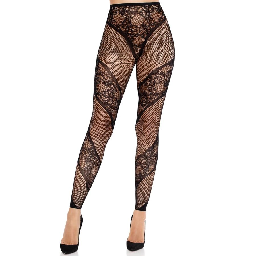 LEG AVENUE - MEDIAS SIN PIES DE ENCAJE NEGRO Y TRANSPARENTES
