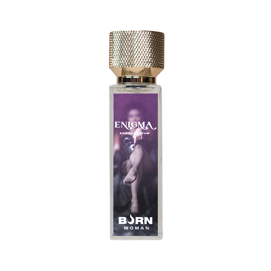 Frasco do BURN Perfume Feminino Enigma 20 ML com sua embalagem elegante