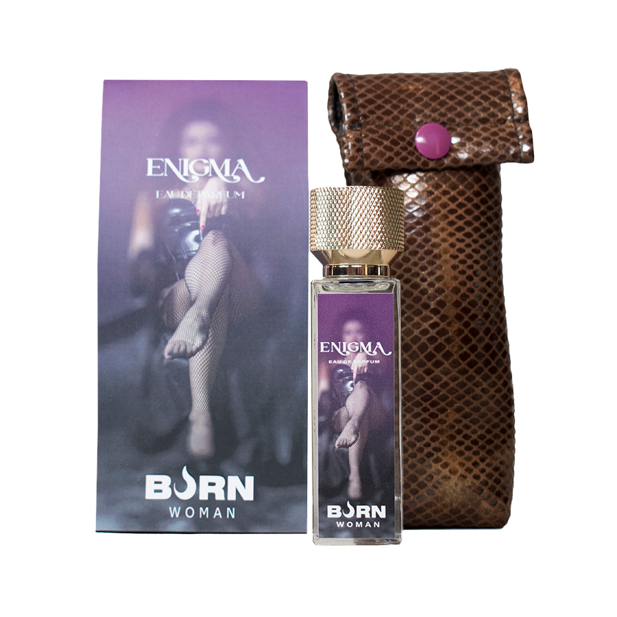 Frasco do BURN Perfume Feminino Enigma 20 ML com sua embalagem elegante
