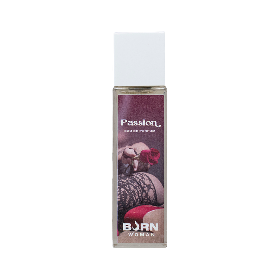 Frasco de perfume BURN Feminino Passion 20 ML com detalhes do design elegante.