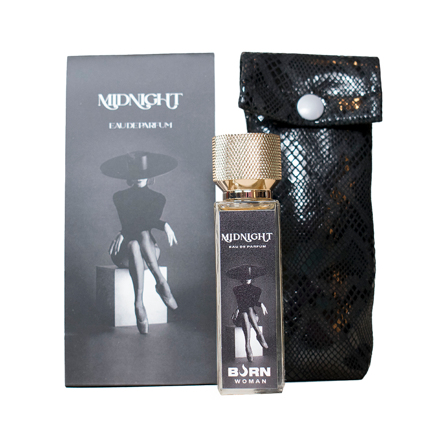 Close-up of the 'BURN Perfume Feminino Midnight 20 ML' bottle, showcasing its elegant design.