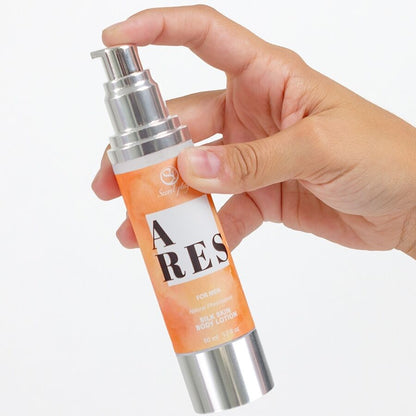 SECRETPLAY Loção Masculina Ares Silk Skin 50ml, detalhes do frasco e textura.