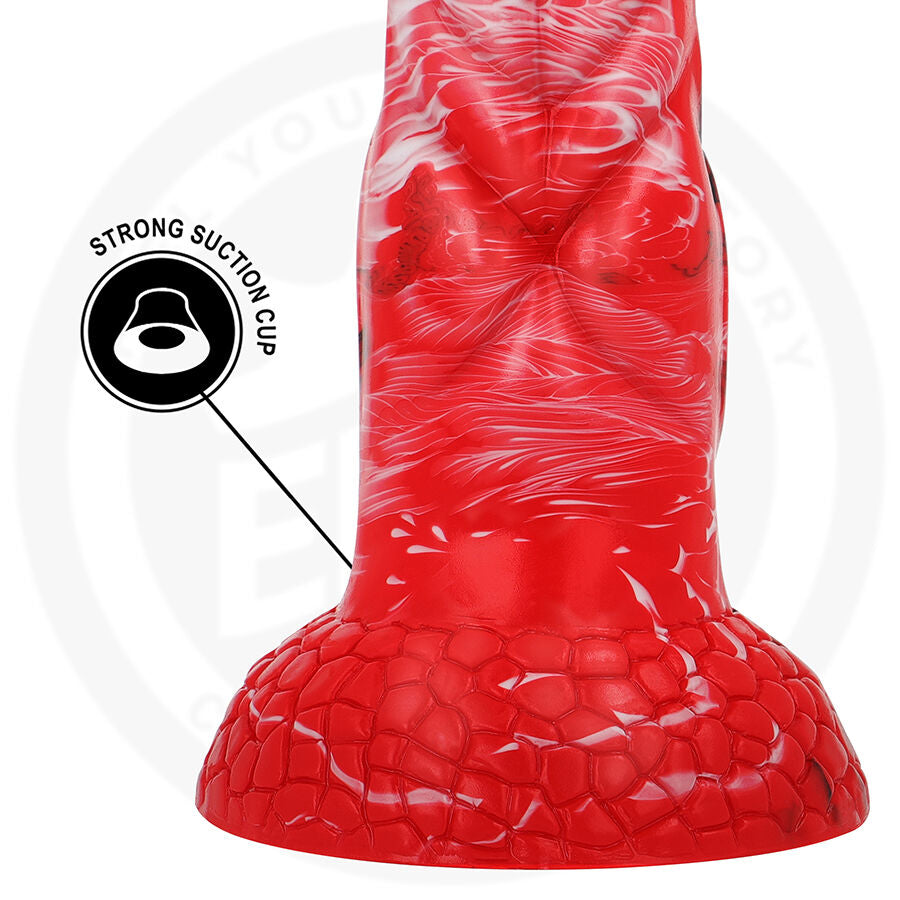 Close-up of the EPIC CYBERSILICOCK Dildo Agnis Crimson Fire, highlighting its ergonomic design and vibrant color.