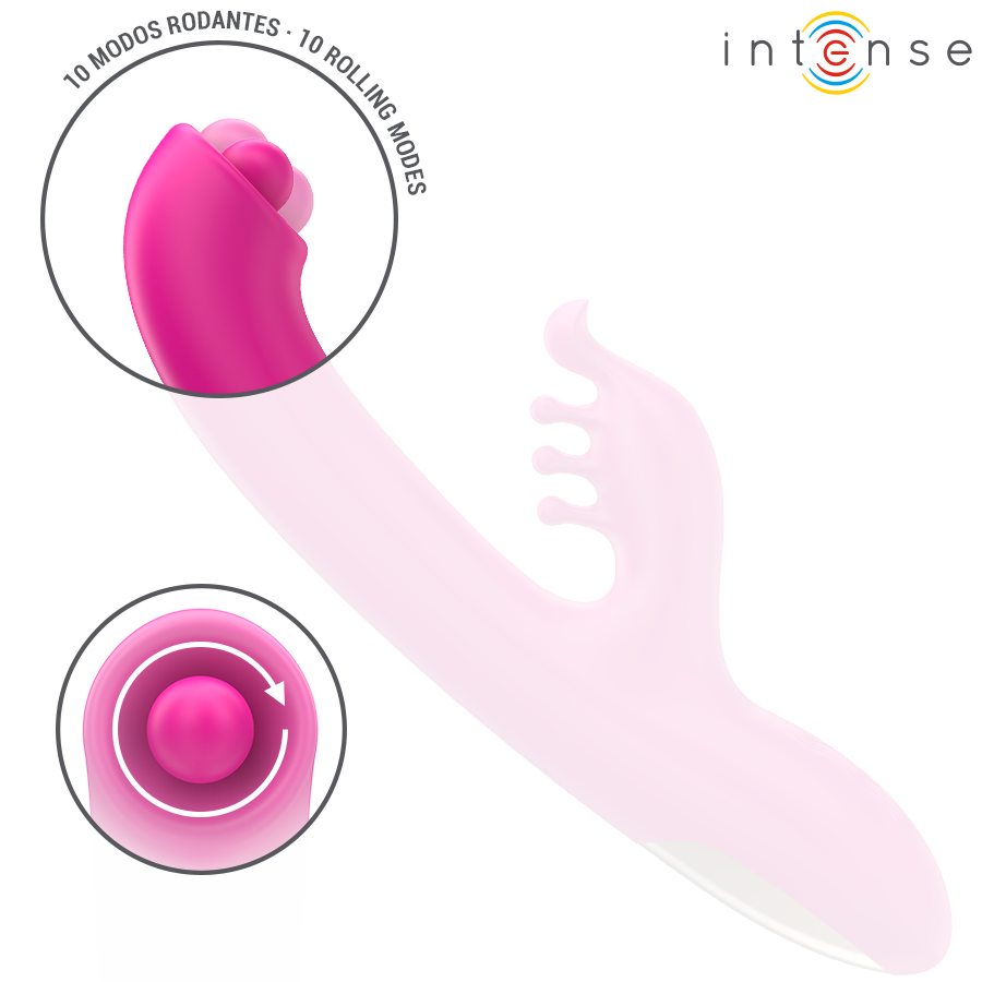 Close-up do Vibrador Rabbit Multifuncional INTENSE Christina 22,5cm, destacando seu design e funções de estimulação.