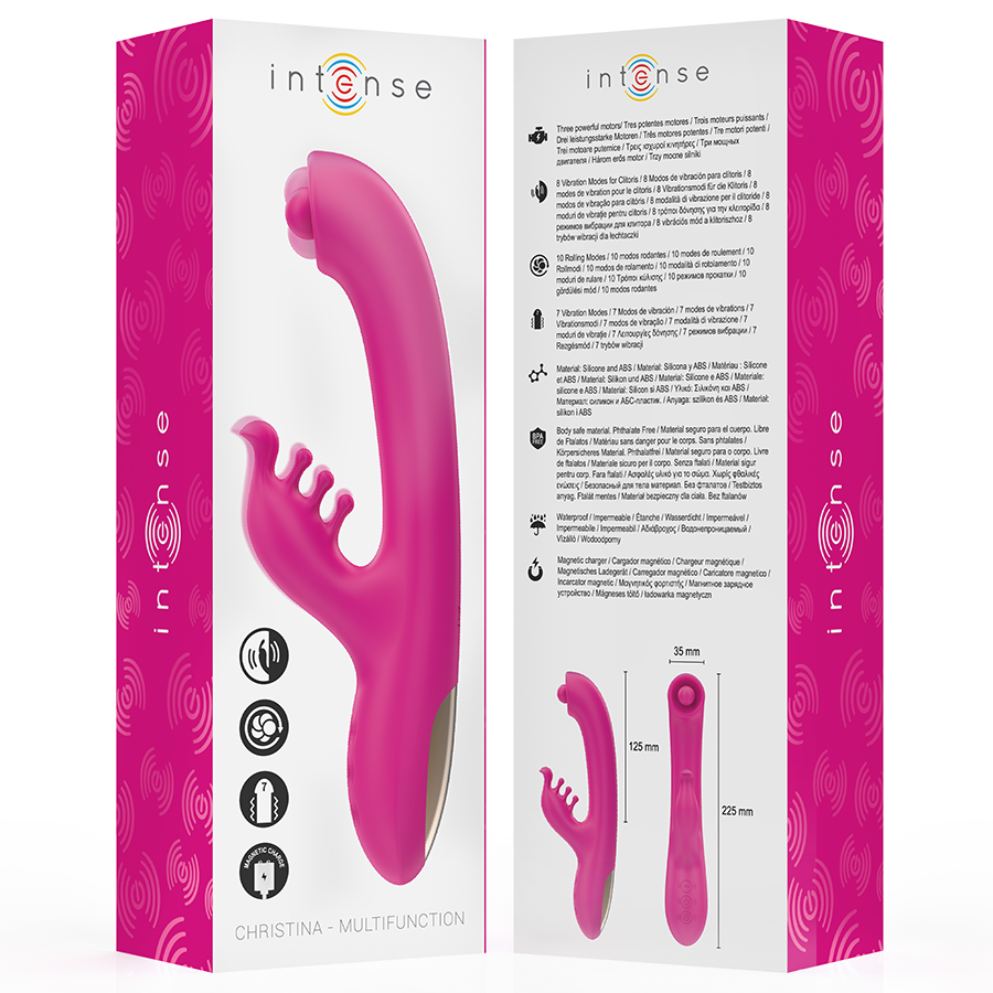 Close-up do Vibrador Rabbit Multifuncional INTENSE Christina 22,5cm, destacando seu design e funções de estimulação.