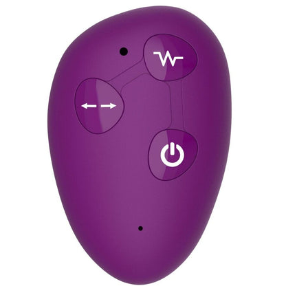 Vibrador Strap-On XOCOON 2 em 1 Sem Alças com Controle Remoto Roxo em diferentes ângulos e detalhes.