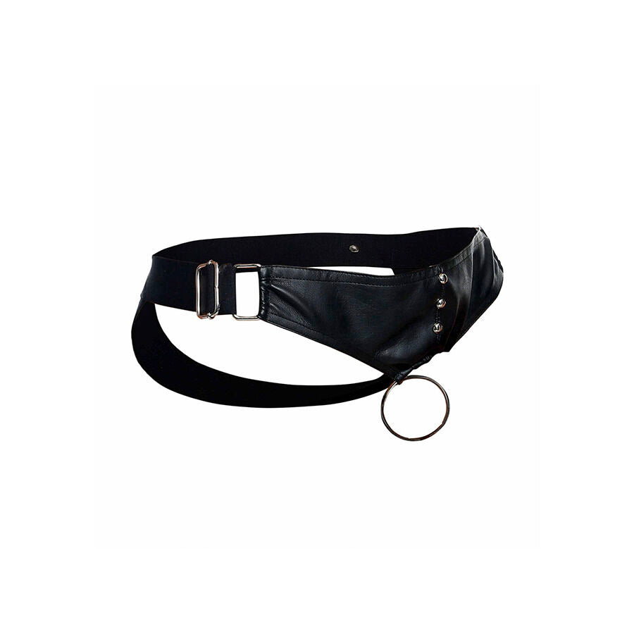 Close-up of the MOB Dengeon Jockstrap com Anel para o Pénis, showing its design and faux leather texture.