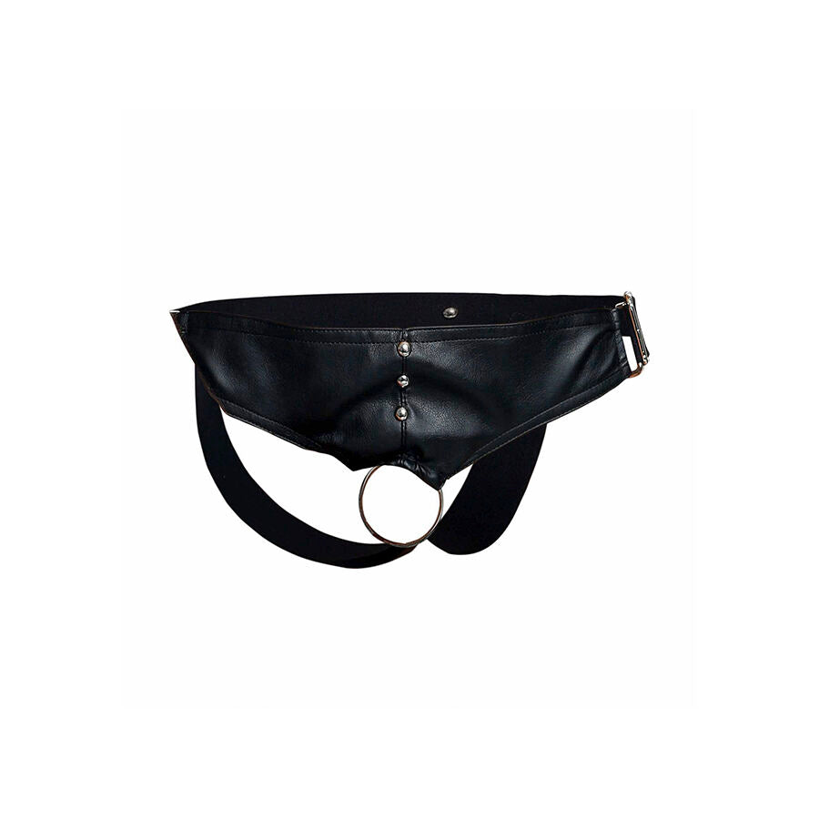 Close-up of the MOB Dengeon Jockstrap com Anel para o Pénis, showing its design and faux leather texture.