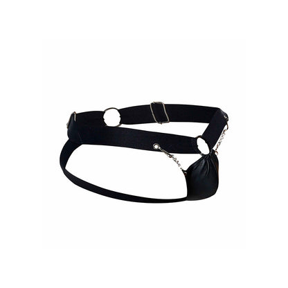 Jockstrap Chainlink MOB em couro sintético preto, mostrando detalhes da corrente e design.