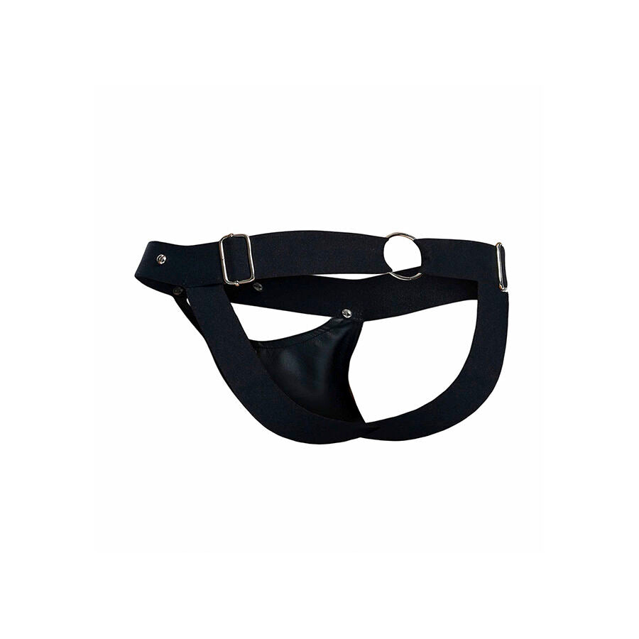 Detalhe da Jockstrap Sportsman Dngeon preta, mostrando o design em couro sintético e a bolsa de suporte.