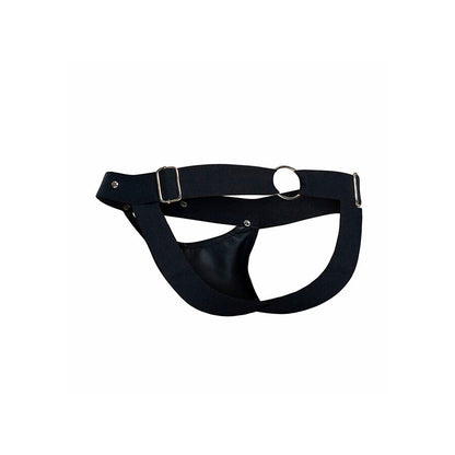 Detalhe da Jockstrap Sportsman Dngeon preta, mostrando o design em couro sintético e a bolsa de suporte.