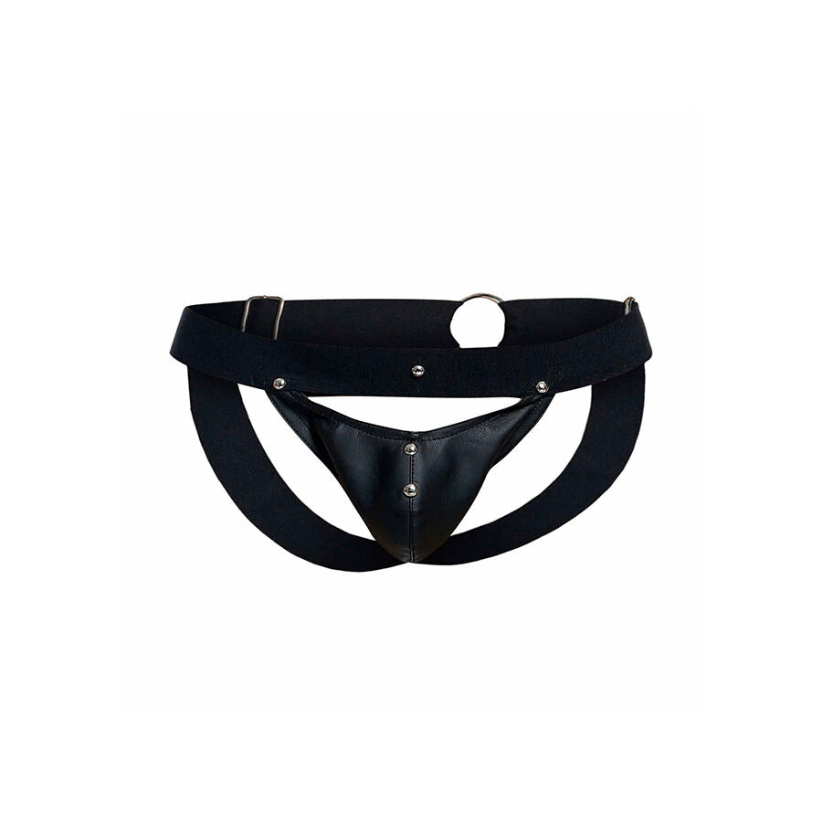 Detalhe da Jockstrap Sportsman Dngeon preta, mostrando o design em couro sintético e a bolsa de suporte.