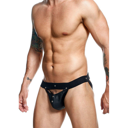 Detalhe da Jockstrap Sportsman Dngeon preta, mostrando o design em couro sintético e a bolsa de suporte.