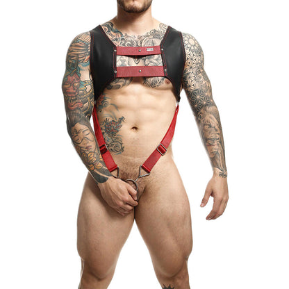Arnês cropped MOB Dengeon com anel peniano vermelho, feito de couro sintético e metal, em tamanho único.