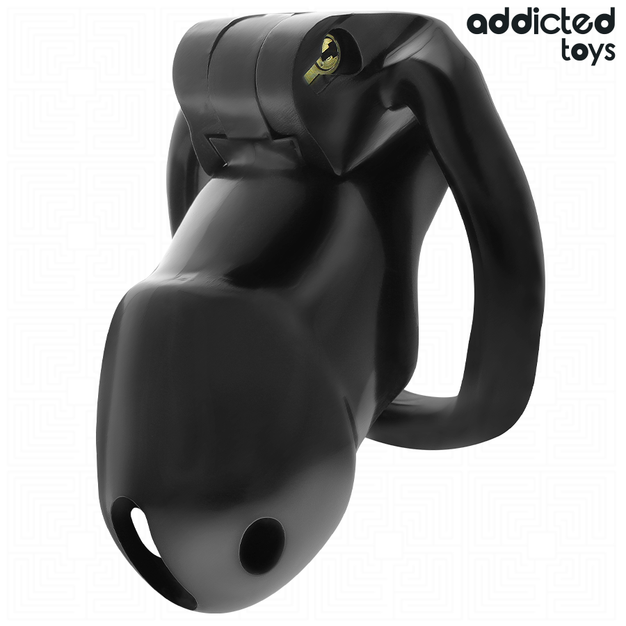Detalhe da Gaiola Peniana Addicted Toys Locked Mindnight Cell com anéis de ajuste.