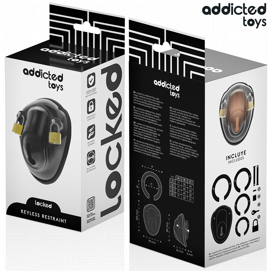Imagem da Gaiola de Castidade Peniana ADDICTED TOYS LOCKED com acessórios e vista detalhada do design.