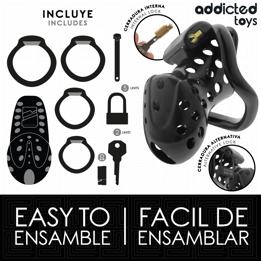 Gaiola de castidade oca ADDICTED TOYS LOCKED com corrente e anéis de tamanhos variados para controlo e submissão.