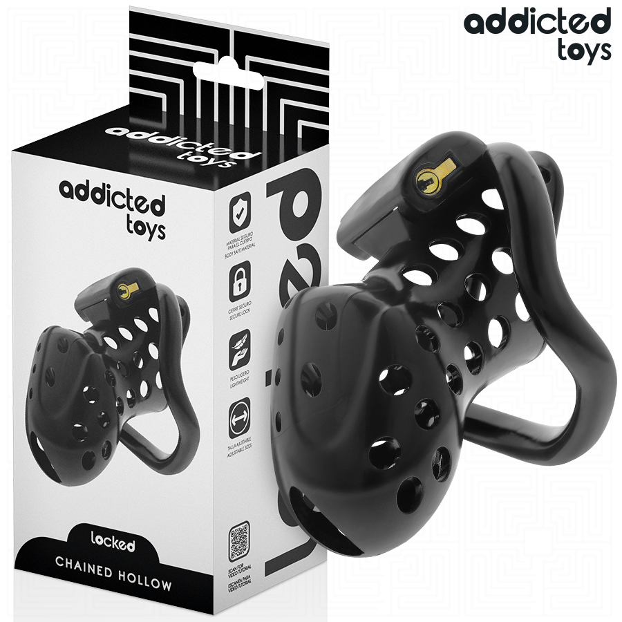 Gaiola de castidade oca ADDICTED TOYS LOCKED com corrente e anéis de tamanhos variados para controlo e submissão.