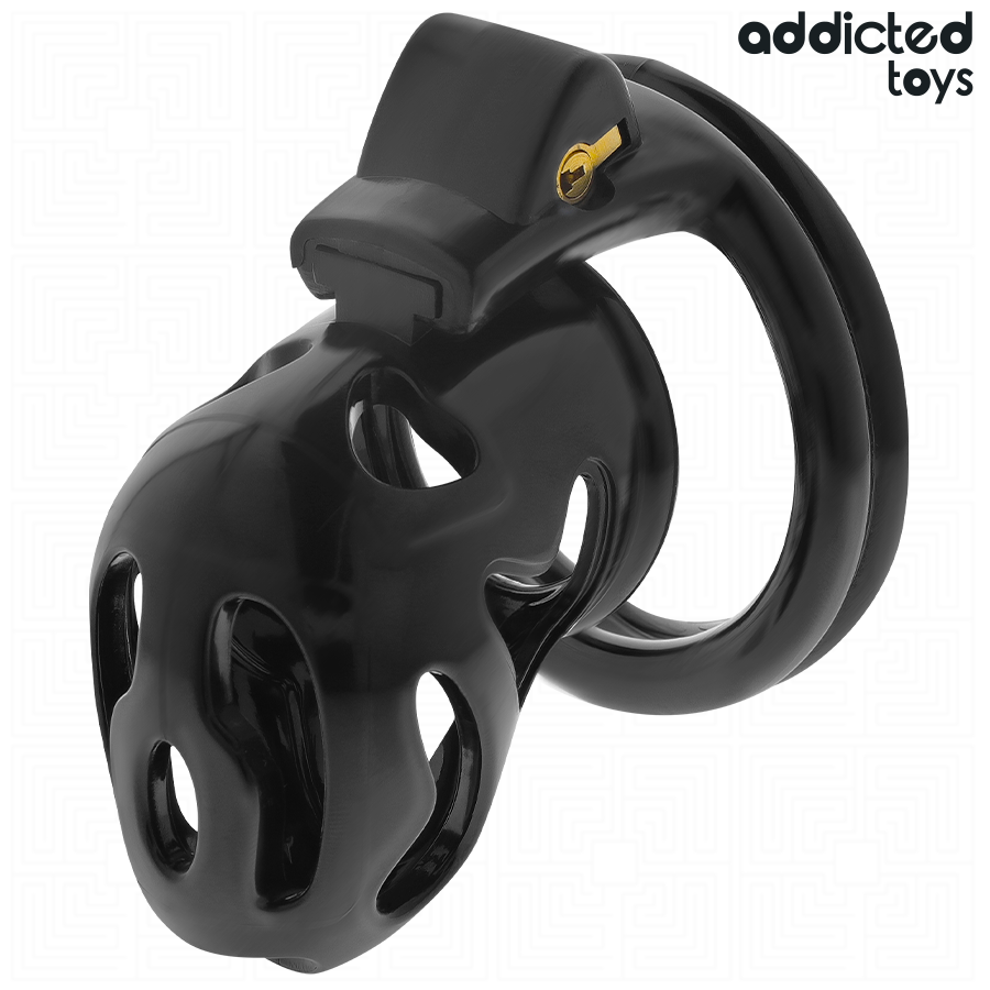 Close-up da Gaiola de Pênis ADDICTED TOYS LOCKED Crypt Selada 8cm para BDSM, mostrando detalhes da fechadura e anéis.