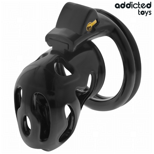 Close-up da Gaiola de Pênis ADDICTED TOYS LOCKED Crypt Selada 8cm para BDSM, mostrando detalhes da fechadura e anéis.